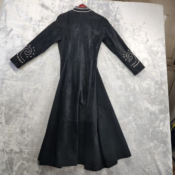 Vintage Arella Studded Suede Western‎ Duster Coat Dress Women's L Black Leather - Picture 2 of 12